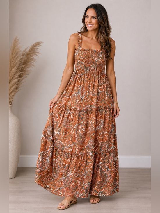 Band Of The Free Dresses & Skirts - Band of the Free Boho Orange Paisley Tiered Maxi Dress Large